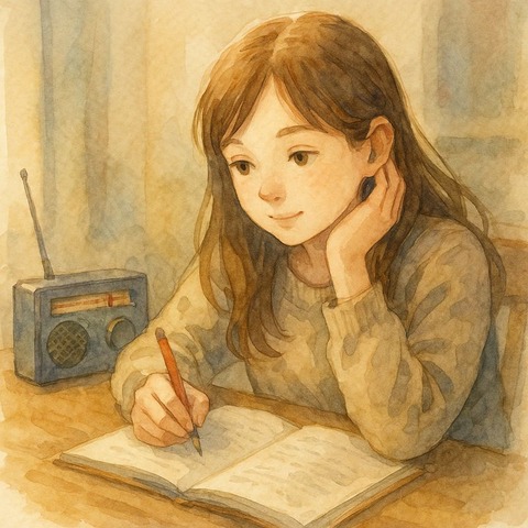 ラジオを聞いて勉強する女性