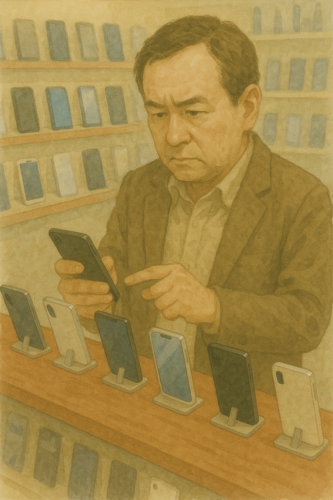 スマホを選ぶ中年男性