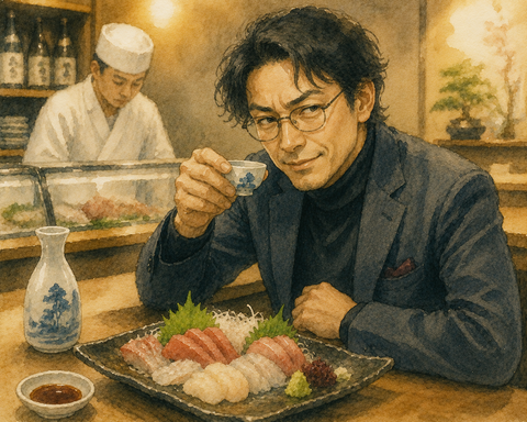 すし屋 刺身で日本酒を飲む男性