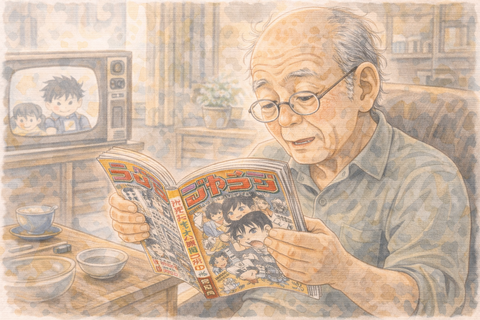 漫画雑誌を読む男性老人