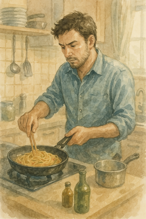 自宅キッチンでペペロンチーノを作る男性