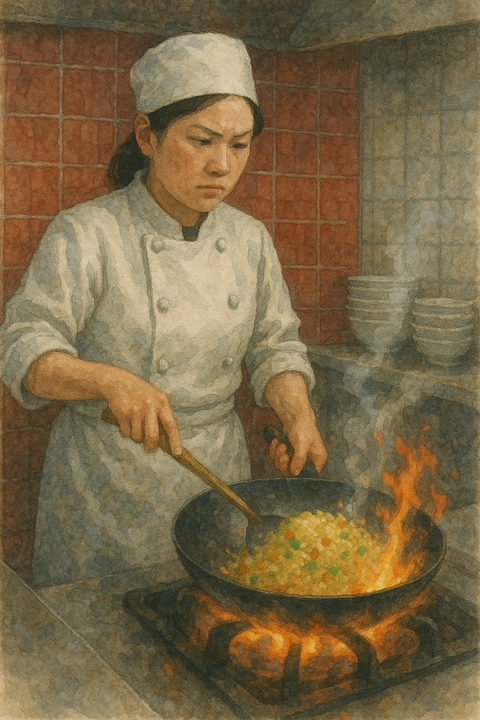 チャーハンを炒める女性料理人