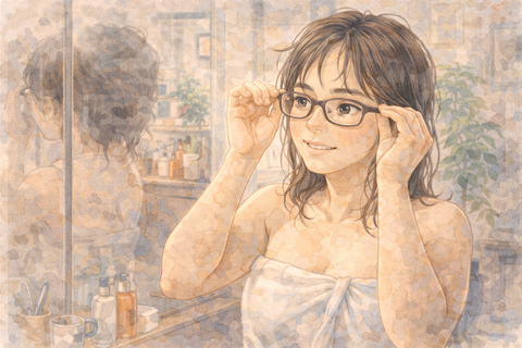 風呂上がりにメガネをかける妻