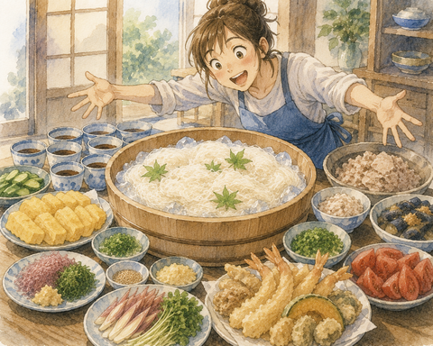 そうめんに合うおかずを大量に用意する女性