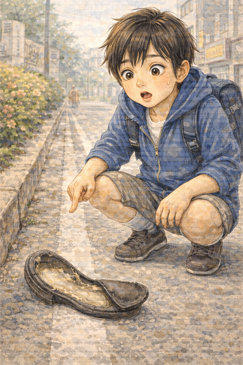 道端の剥がれた靴底を見つける子供