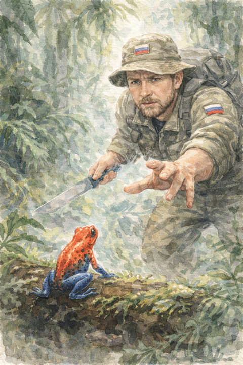 ヤドクガエルを捕まえようとするロシア人