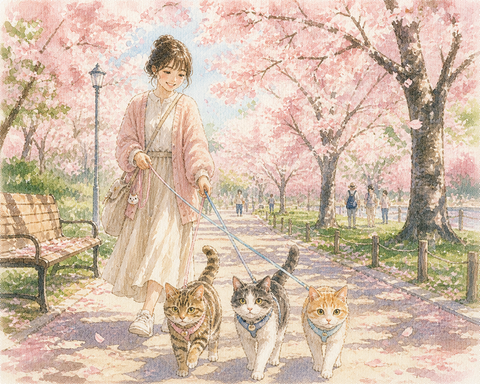 桜の咲く公園で猫と散歩する女性