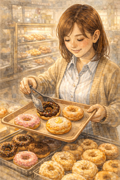 ドーナツをトレーに乗せる女性