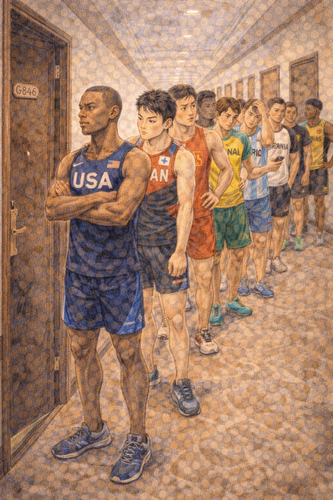 ホテルの部屋の前に長蛇の列を作る世界各国の男子選手
