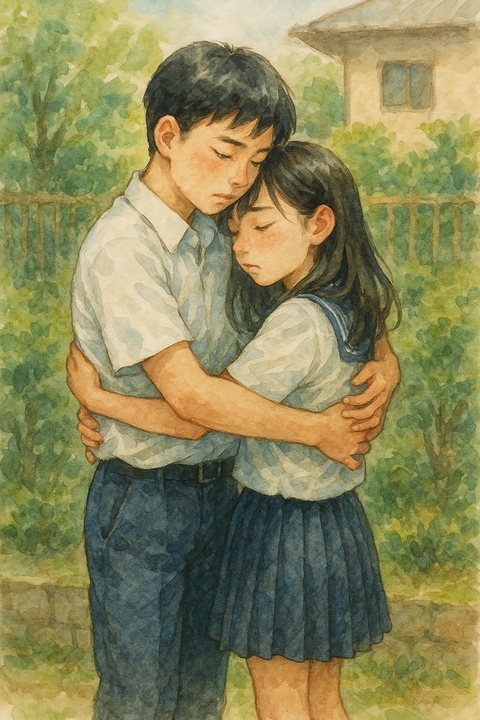 庭先で抱き合う中学生カップル