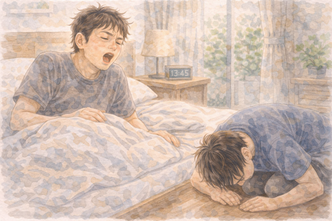 寝起き男性と土下座