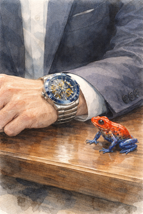 高級腕時計をつける男性とヤドクガエル