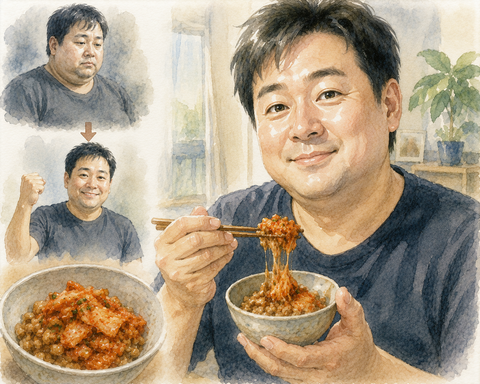 納豆キムチで肌つやのある男性