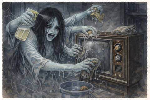 古いテレビを掃除する女性の幽霊