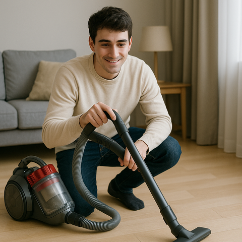サイクロン式掃除機で掃除する男性