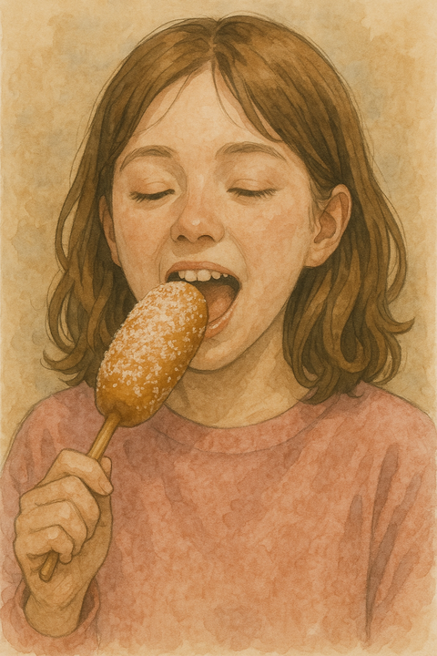 砂糖をまぶしたアメリカンドッグを食べる女性