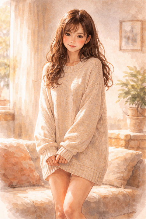 大きいセーターを着る女性