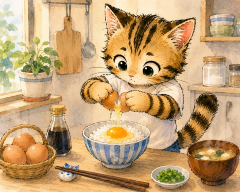卵かけご飯をつくるねこすけ