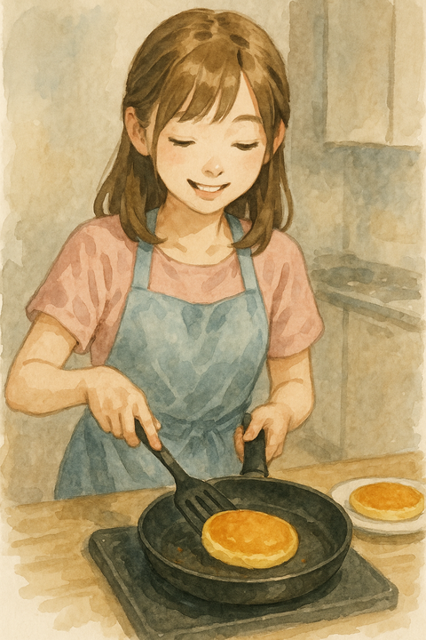 ホットケーキを焼く女性