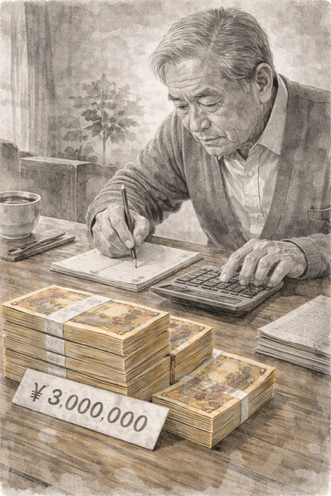 お金を机の上に置いて計算する70代男性