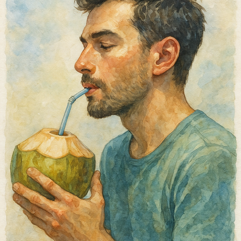 ココナッツを飲む男性