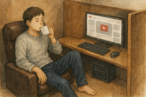 ネットカフェの個室でくつろぐ男性