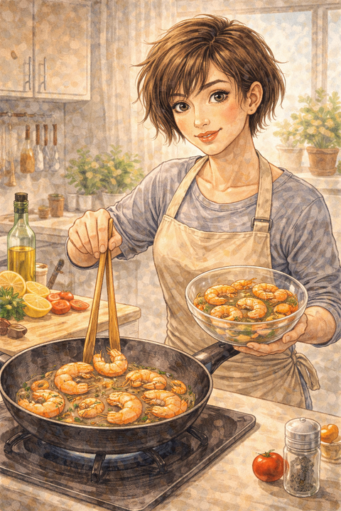 エビ料理を作る女性