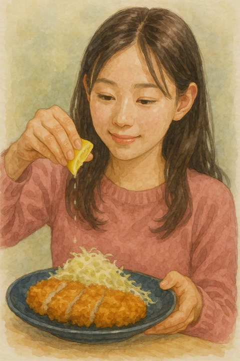 とんかつとキャベツの千切りにレモンも絞ってかける女性