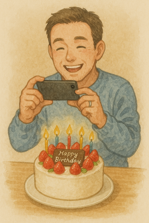 誕生日ケーキの写真を撮る夫