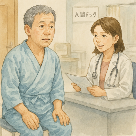 病院で人間ドックを受ける50歳男性