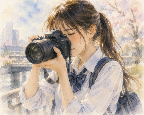 一眼レフカメラを構える女子高生