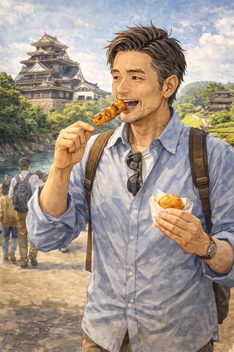 岡山県で観光する男性