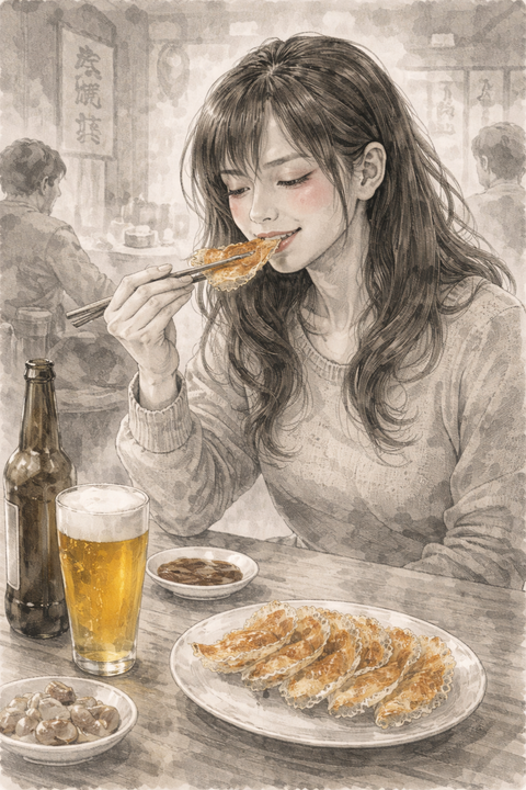 ビールを餃子を食べる女性