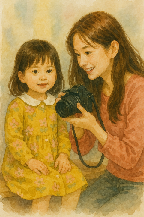 3歳児no写真を撮る母親