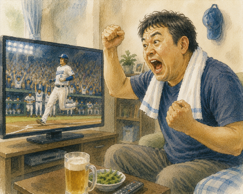 テレビで野球観戦する男性