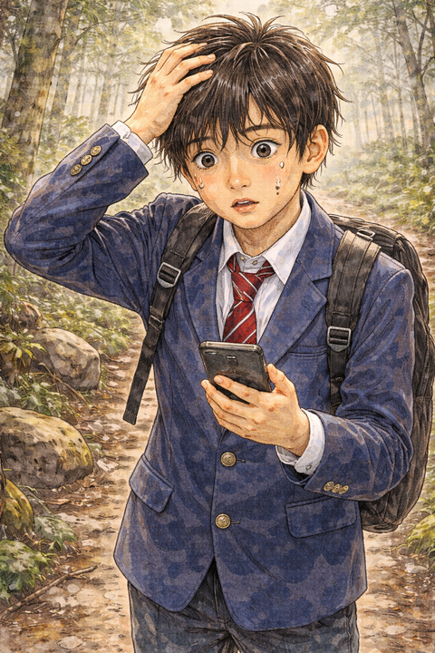 山で迷う中学生