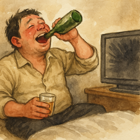 酒を飲みながらテレビを見る男性