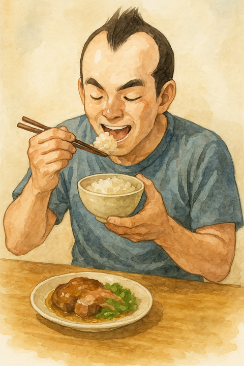 額の広い男性が食事を美味しそうに食べる