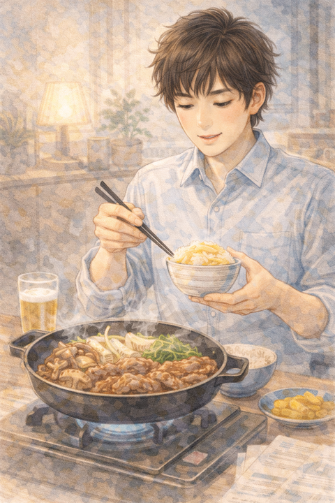 すき焼きと卵ご飯を食べる男性