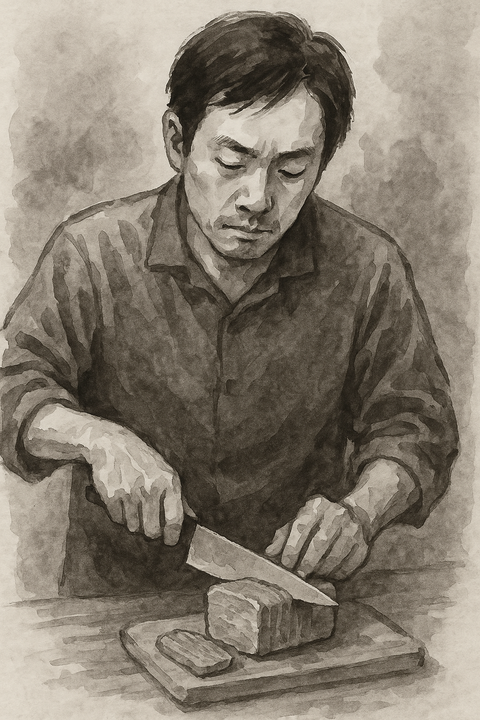 コンビーフを切る男性