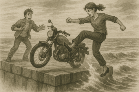 バイクを蹴る彼女