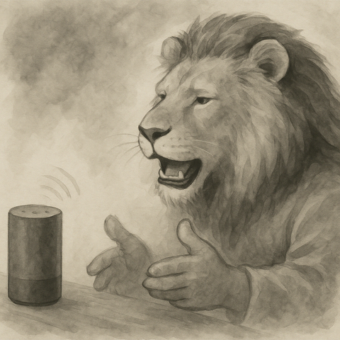 スピーカーと話すライオン