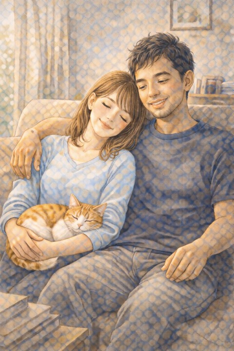 リラックスする猫と夫婦