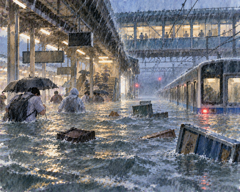 大雨で水没する駅