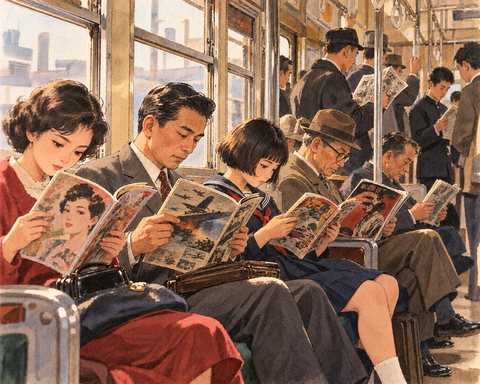 電車内　雑誌を読む人々