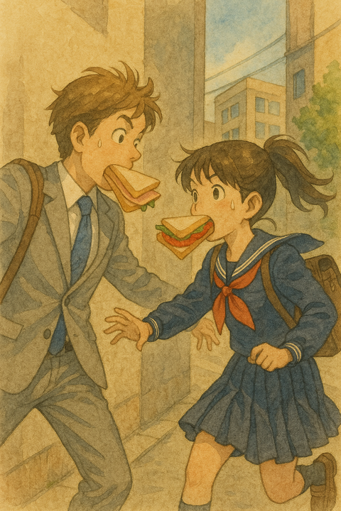 朝出勤の時にハムサンド咥えながら走っていたら曲がり角でトマトレタスサンド咥えた女子高生と衝突