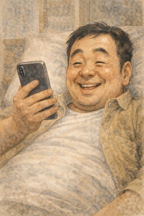 寝転びながらスマホを見てにやける中年男性