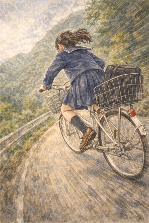 山道で自転車をこぐ女子高生