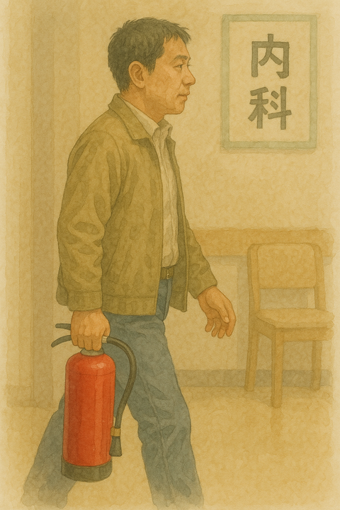 消火器をもって内科に向かう男性
