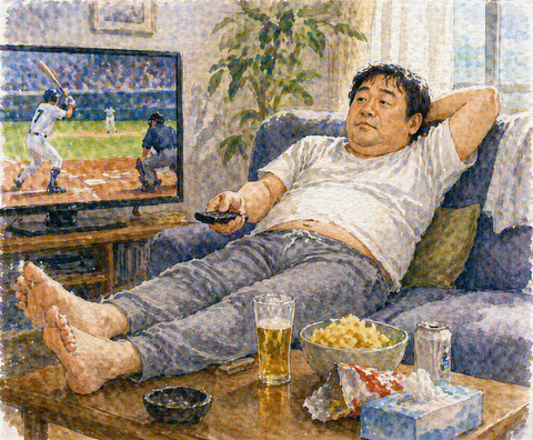 テレビで野球を見る中年男性